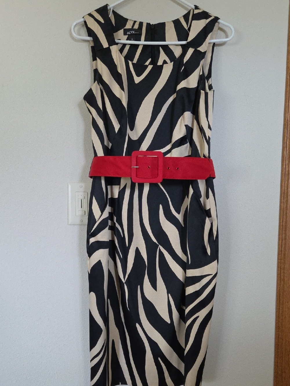 Alyx Black and Cream Zebra-Print Midi Dress with Red Belt
